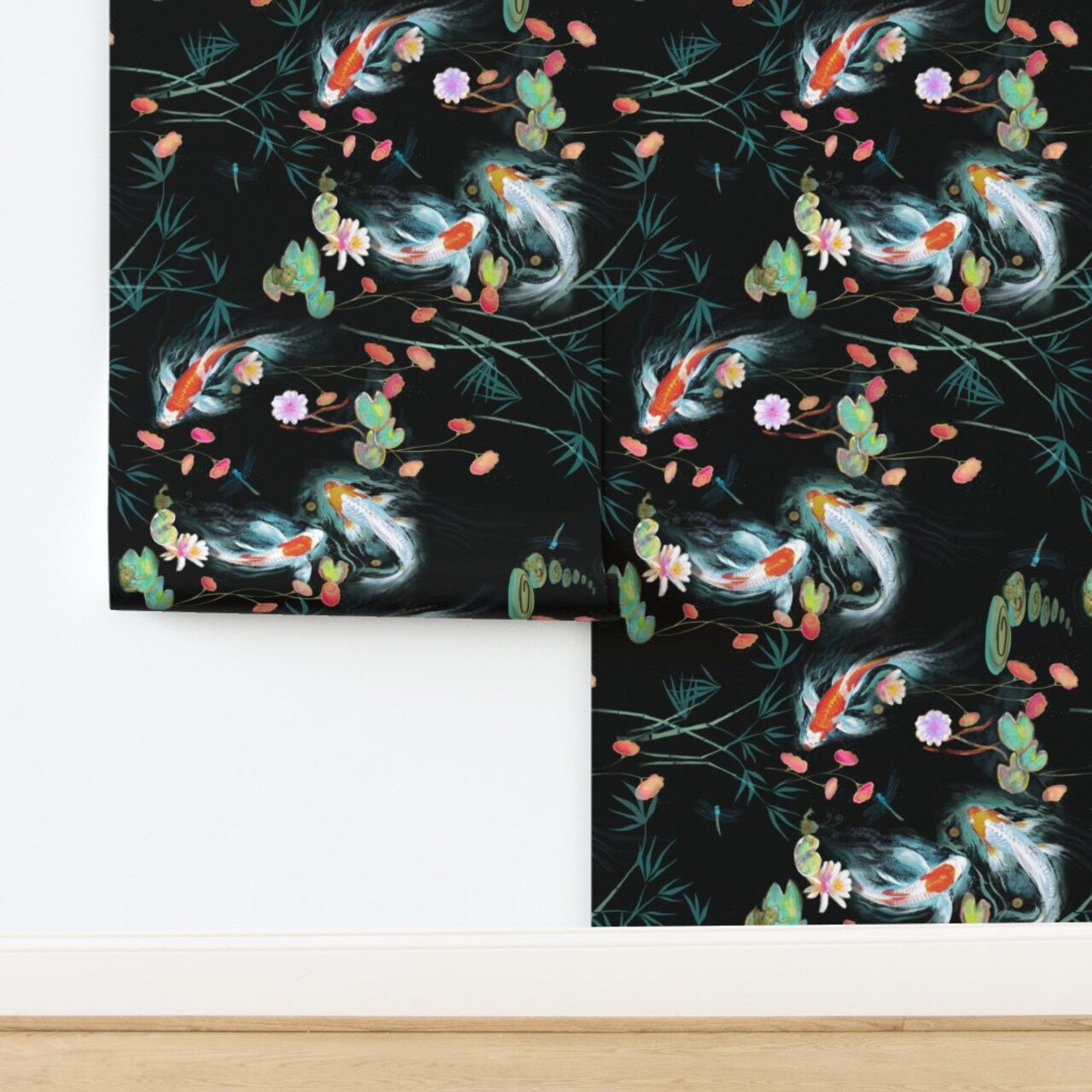 Black Koi Fish Japanese Floral Large Scale Decorative Carp Chinoiserie Water Garden Custom Pre-pasted Wallpaper by Spoonflower Pre-Pasted Wallpaper 2FT Wide